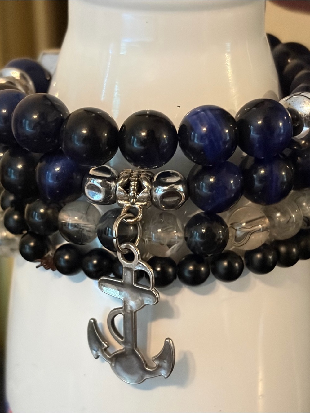 Men's Black & Navy Beaded Anchor Bracelet Stack